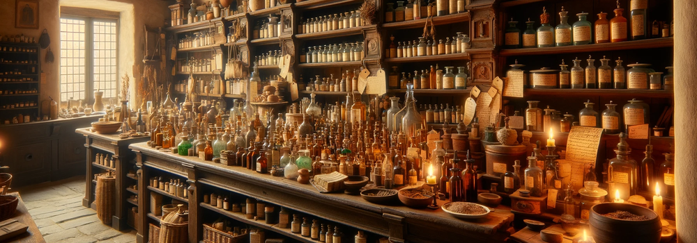 DALL·E 2023-12-15 12.17.15 - An early 16th century apothecary shop, inspired by the 1498 Ricettario Fiorentino. The shop is filled with various medicinal items typical of the era.png