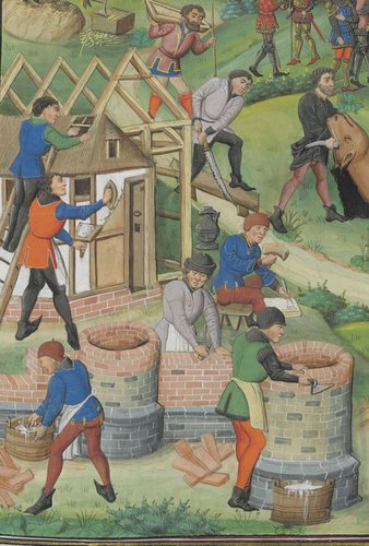 Building a house with a ladder. France, Paris. Bibliothèque nationale de France, Département des manuscrits, Français 9342 f.185